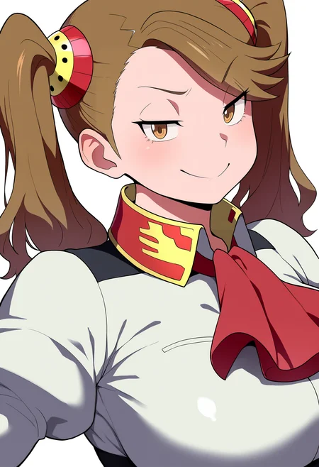 best quality, amazing quality, very aesthetic, absurdres,
1girl, kaoruko, brown hair, brown eyes, twintails, hair ornament,
large breasts, red ascot,
upper body,
smile, looking at viewer, solo, simple background, white background,    <lora:KaorukoSazakiNoobXL_byKonan:1>