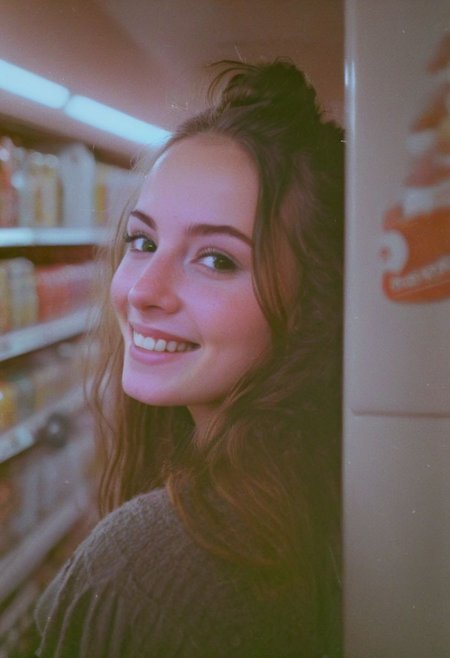 soaked_mundwasser_pee, face and cleavage closeup from above, A beautiful supermarket, a blushed smiling brunette freckled Woman in high wooly stockings and very short skirt standing at a candy shelf on tiptoes, colorful knitted sweater, cleavage, looking up, messy hairbun, infront of the atmospheric led-adverstisment, crepuscular rays, volumetric lighting, ultra detailed, deep Blacks, very detailed, atmospheric haze, Film grain, cinematic film still, shallow depth of field, highly detailed, high budget, cinemascope, moody, epic, OverallDetail, 2000s vintage RAW photo, photorealistic, candid camera, color graded cinematic, eye catchlights, atmospheric lighting, imperfections, natural, shallow dof