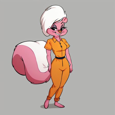 score_9, score_8_up, score_7_up, score_6_up, score_5_up, score_4_up, BREAK,  <lora:Bimbette:1>, bimbette, 1girl, solo, breasts, smile, shirt, animal ears, standing, full body, short sleeves, grin, black eyes, furry, orange jumpsuit, skunk girl, furry female, white hair, pink fur, eyeshadow