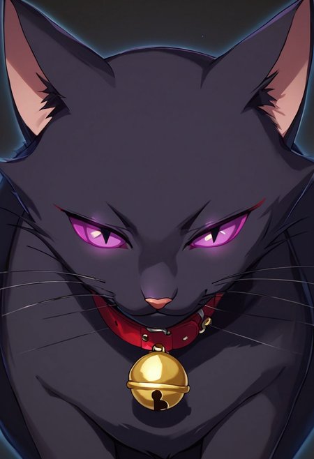 score_9, score_8_up, score_7_up, best quality, solo, D4RK3RTH4NBL4CK, Mao, black cat, purple sclera, black pupil, red collar, golden cat bell