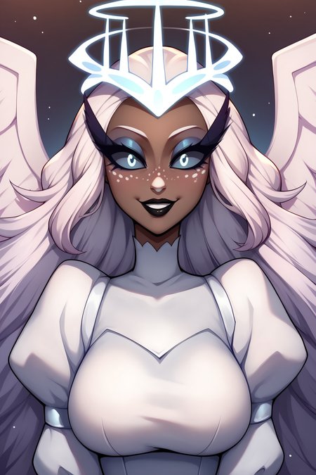 score_9, score_8_up, score_7_up, score_6_up, score_5_up, score_4_up, SeraHHXL, dark skin, colored skin, no ears, white nose, white freckles, long eyelashes, makeup, black lips, grey sclera, colored sclera, black pupils, white hair, long hair, halo, glowing halo, angel wings, large breasts, puffy sleeves, white dress, long slevees, solo, front view, (portrait, upper body), solo focus, seductive smile, looking at viewer, heaven  <lora:SeraHHXL:0.8>