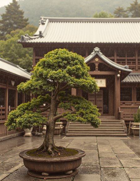 OldJapan style photo of a bonsai tree in front of a shrine, late afternoon, rain