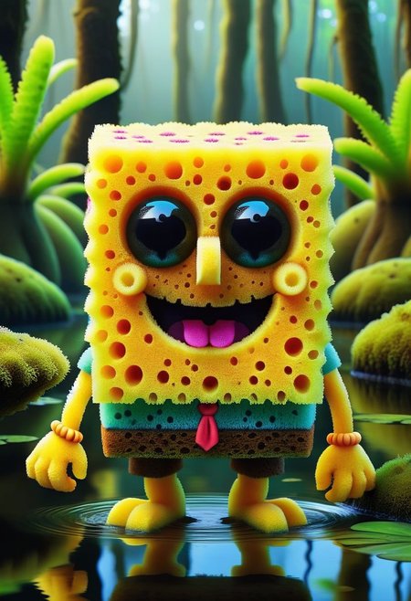 A cute colorful fluffy SpongeBob SquarePants, wildlife photography, in a ral-mndlbrt swamp, 4K UHD, made out of ral-ktchzpong