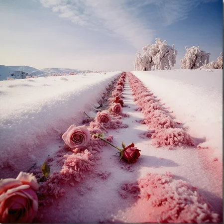 psychoactive, amateur photography, landscape, frozen rose color snow, surrealism, Magnificent, shot on film, Canon camera