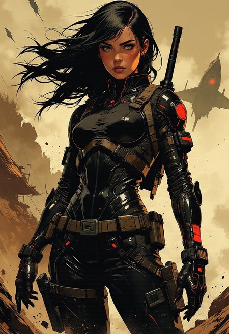 in the style of ck-mgs, nistyle, Inkplash art on rice paper, sepia, henna, Silhouette Art, magnificent, inksplash, closeup portrait, female bounty hunter, flowing black hair, reflective black and neon red armor, futuristic armor, a rifle strapped to her back, holstered pistol, holding hand up, abstract background suggesting a harsh desert world, Spaceships flying overhead, dust storm, windy, 
Cowboy Shot, close up,