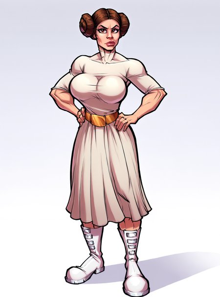 zPDXL2, source_anime, gradient background, 
fontezxl,
leiaxl, 1girl, solo,looking at viewer, large breasts,  breasts, double bun, white dress, belt,white boots , full body, lips, hand on own hip, brown eyes, 
 <lora:leiaxl-000006:0.6>     <lora:fontezxl2:1>