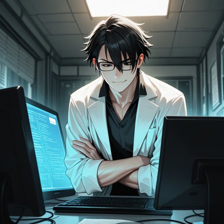 masterpiece, best quality, amazing quality, absurdres, newest, detailed background, definition so sharp, Ultra-HD, 8K cinematic, very awa, impressionate, amazing quality, highres, 
solo, male focus, manly, 
saruhikofushimi, saruhiko_black hair, saruhiko_black eyes, 1boy, short hair, glasses, looking down, smirk, crossed arms, lab coat, computer screen, data stream, cool lighting, focused, calculating, intelligent, slightly intimidating, charming