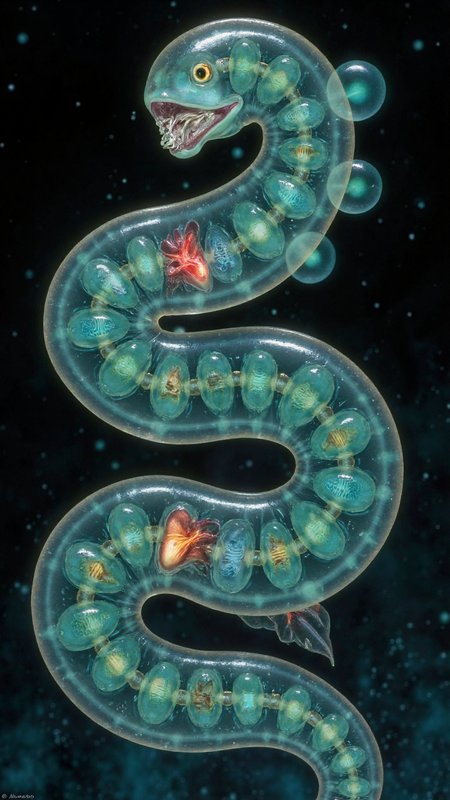 4byss,  A serpentine creature with translucent skin revealing multiple pulsing hearts, each glowing a different color. Its circular mouth contains rotating rings of crystalline teeth that emit a faint chime when they move. Bioluminescent patches along its body form incomprehensible patterns that seem to shift when not directly observed.