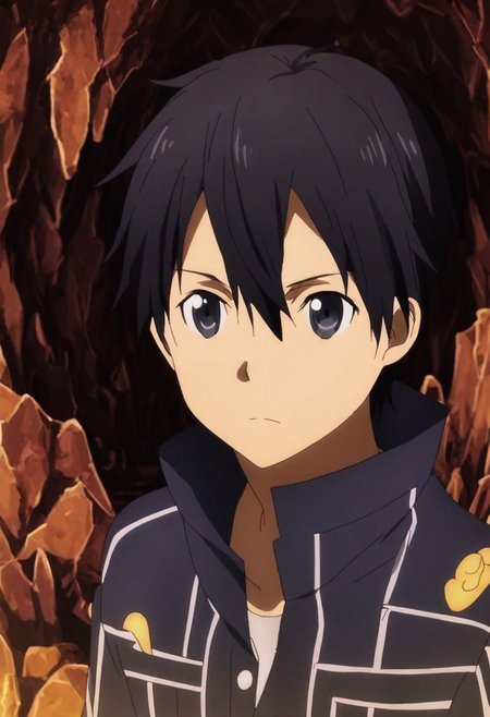 high resolution, solo, best quality, 1Boy, Kazuto Kirigaya, Black Hair, Black Eyes, cave, bunker, field Ration, OverallDetail