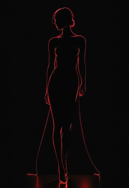 Single red line, continuous, elegant, minimalist style, suggestive silhouette of a figure, black background, negative space, single point perspective, long and flowing, perfect line work, high detail