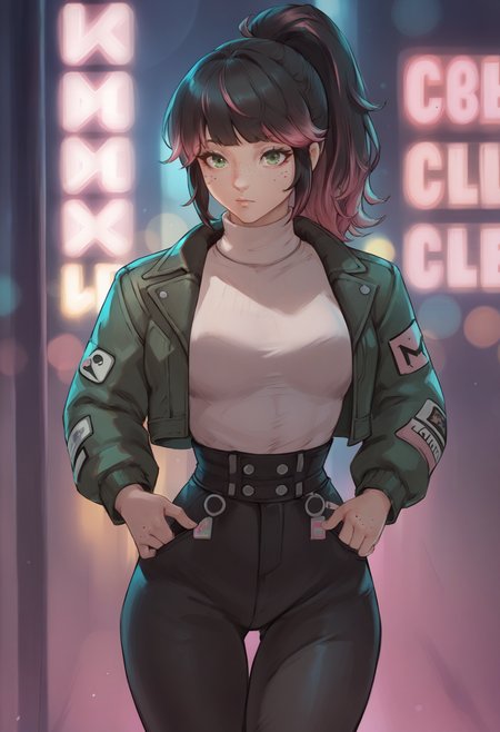 score_9, score_8_up, score_7_up BREAK solo, 1girl, cowboy shot, nightclub, neon lights, bokeh, depth of field, black hair, pink dyed hair, ponytail, bangs, green eyes, freckles, makeup, leather jacket, turtleneck, high waist pants <lora:tezy8_pd_dora:1>