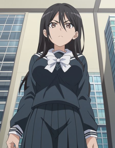 score_9, score_8_up, score_7_up, source_anime, <lora:seiri-fukiyose-indexs2-ponyxl-lora-nochekaiser:1>, seiri fukiyose, long hair, black hair, brown eyes, hair between eyes, anime screencap,, large breasts, skirt, school uniform, serafuku, black shirt, black skirt, long sleeves, white bowtie, white sailor collar, a certain high school uniform, apartment, building, rooms, residents, balconies, , from below, looking at viewer, solo,, dutch angle, cowboy shot