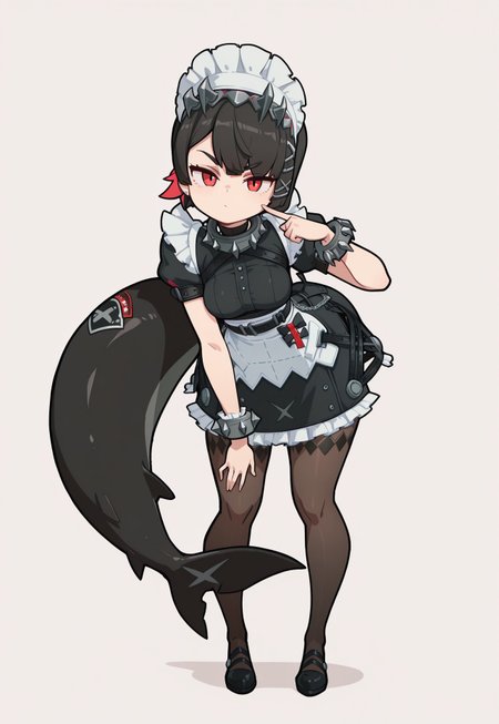 safe_pos, masterpiece, best quality, good quality, very aesthetic, absurdres, newest, diives,, P0l0c2m,, sexy anime, P0l0c2m,,,
1girl, Ellen_Joe, red_eyes, black_hair, short_hair, colored_inner_hair, large_breasts, fish_tail, hair_ornament, hairclip, x_hair_ornament, spiked_hairband, spiked_bracelet, spiked_collar, maid, maid_headdress, black_dress, frills, puffy_short_sleeves, maid_apron, black_belt, bow, brown_pantyhose,
simple background,  
small breasts, tiny waist, wide hips, medium ass,, looking at viewer, full body, standing, bent over, finger to self