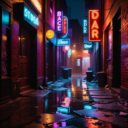 A dark and grimy alleyway behind a dance bar at night, illuminated by dim, flickering neon lights in shades of red and purple. The alley is narrow and lined with aged, graffiti-covered brick walls. Scattered trash and puddles reflecting the dim light create a gritty atmosphere. The scene feels damp and unwelcoming, with faint traces of smoke and steam rising from a nearby vent. Broken glass and discarded items litter the uneven ground. The distant hum of a neon sign and faint sounds of music leaking from the bar add to the urban, moody ambiance of the night.
<lora:SDXLFaeTastic2400:0.4> <lora:extremely_detailed:0.4> extremely detailed, Masterpiece,best quality,hi res,8k,hi res,8k,award winning,(sharp focus, intricate, highly detailed),