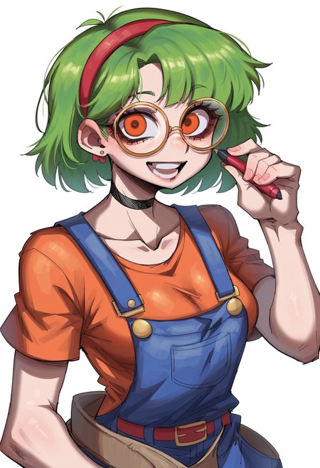 score_9, score_8_up, score_7_up, score_6_up, score_5_up, score_4_up, BREAK
1girl, solo, glasses, pen, smile, green hair, choker, shirt, open mouth, holding, orange eyes, black choker, belt, red hairband, hairband, looking at viewer, short hair, black shirt, simple background, round eyewear, short sleeves, white background, overalls, black-framed eyewear, breasts, teeth, jewelry, earrings, upper body, stud earrings, bow hairband, orange shirt, ribbon, medium breasts, collarbone, bow, red bow
 <lora:lord_moku:1>
