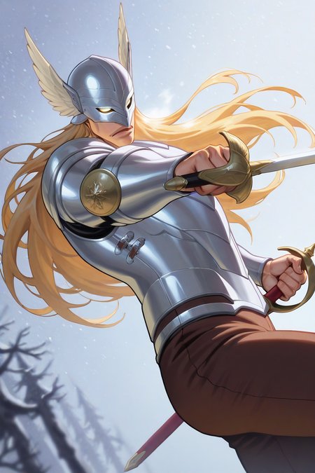 realistic shading, natural lighting, expressive serious face, male focus, male with blank eyes focus, gerardblch, blonde_gerardblch_long hair, white-yellow_gerardblch_winged helmet, yellow_gerardblch_glowing eyes, black_gerardblch_vine-leaf circlet, 1boy, holding sword, rapier, fighting stance, cuirass, brown pants, armor, shiny skin, cowboy shot, snowing, snowflake, surreal, symbolic background, shadow, foreshortening, dutch angle, dynamic angle, dynamic action, intricately detailed illustration, cinematic, depth of field, atmospheric perspective, masterpiece, best quality, amazing quality, very aesthetic, absurdres, newest, anime screencap