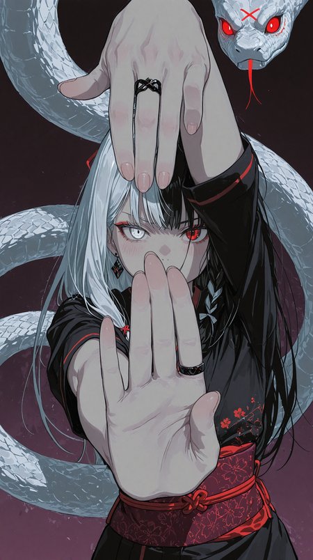 1girl, solo, pale skin, (split-color hair, white hair, black hair), long hair, long sidelocks, x hair ornament, hair ribbon, front braid, (heterochromia, white eye, red eye), detailed eyes, slight blush, serious expression, focused, diamond earrings, 
black kimono, floral print, red trim, red lining, obi, jewelry, rings, red string, string around finger, 
dynamic pose, hand gesture, hands raisd, blocking view, symmetrical hand pose, martial pose, focal hands,
giant serpent in background, white serpent, snake theme, dark magic,
purple background, dark background, dim lighting, moody lighting, looking at viewer, slight smile,        
masterpiece, best quality, amazing quality, very aesthetic, absurdres, newest, scenery, anime coloring, flat color