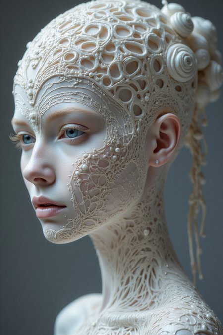 Hyperrealistic art RAW analog photo of a white shining porcelain woman figure, synthetic, strange, very intricate, ((looking at viewer)), (sharp focus, hyper detailed, highly intricate, physically based unbiased rendering), natural lighting. Extremely high-resolution details, photographic, realism pushed to extreme, fine texture, incredibly lifelike, cinematic, 35mm film, 35mm photography, film, photo realism, DSLR, 8k uhd, hdr, ultra-detailed, high quality, high contrast