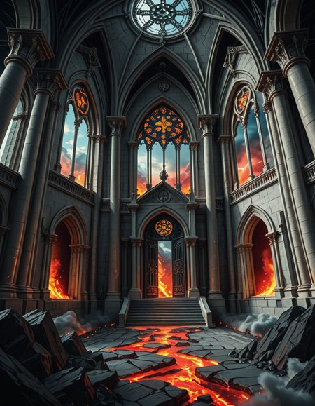 A once-majestic celestial temple, now under siege by the forces of Hell. The grand white stone structure is cracked and scorched, its golden crosses twisted and broken. The stained-glass windows, once glowing with warm divine light, are now shattered, with demonic symbols glowing ominously in their place. The sky, once a serene blue, is now consumed by dark storm clouds, swirling with red lightning and thick smoke.
Black, jagged chains extend from the sky, wrapping around the temple as if trying to pull it down into the abyss. The once-fluffy clouds beneath the structure are now a chaotic mix of fire, ash, and dark mist, with glimpses of molten lava cracks below. Infernal creatures with glowing red eyes lurk in the shadows, their silhouettes barely visible through the smoke and fire.
The temple doors are blown open, revealing an eerie red glow emanating from within, as if Hell itself is consuming the sacred space. Massive demonic runes are etched into the stone, pulsating with an unholy energy. The entire scene is bathed in a deep crimson and orange glow, giving it an apocalyptic and nightmarish atmosphere.
Style & Lighting:
- Dark fantasy, highly detailed
- Dramatic, high-contrast lighting with fiery glows
- Cinematic composition, epic scale
- Strong use of shadows, embers, and atmospheric foghighly detailed and atmospheric view from inside a massive birdcage, large enough for a human to stand inside. The cage is made of ornate, aged metal bars with intricate Victorian-style patterns, curving elegantly towards the domed ceiling. Sunlight filters through the gaps between the bars, casting long, dramatic shadows on the wooden floor. Delicate vines and small flowers have begun to grow around the bars, adding a touch of nature reclaiming the space. The background beyond the cage is blurred, hinting at a lush garden or a mysterious, abandoned mansion. The ambiance is serene yet slightly melancholic, with warm golden light illuminating dust particles floating in the air. Soft feathers are scattered on the floor, adding to the sense of quiet abandonment. The perspective makes the viewer feel as if they are inside the cage, looking outward, surrounded by both beauty and confinement. The style is highly detailed and realistic, with a cinematic and slightly surreal atmosphere.
<lora:SDXLFaeTastic2400:0.4> <lora:extremely_detailed:0.4> extremely detailed, <lora:evil_celestial_t3mpl3-i:1>,evil celestial t3mpl3, Masterpiece,best quality,hi res,8k,hi res,8k,award winning,(sharp focus, intricate, highly detailed),
