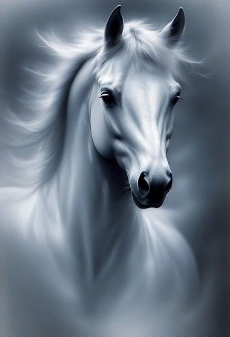 novuschroma style, a galloping horse with fluttering mane in wispy vapor