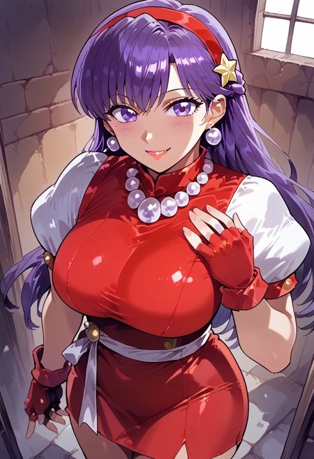 score_9, score_8_up, score_7_up, source_anime,mogudan,1girl,alone,smile,close moutch,shiny_clothes,shiny_skin,five fingers,1 girl,large breast,looking at vietwer,angle down, Athena96,purple hair, purple eyes, star shaped hair accessory, red hair band, long hair, looking at viewer, jewelry, earrings, puffy short sleeves, fingerless gloves, necklace,short dress, red dress, red gloves,easynegative