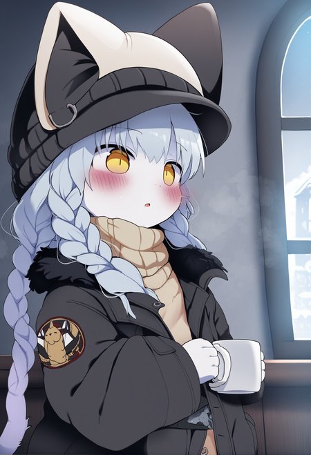 masterpiece, hyper detailed, best quality,(furry:1.3),1girl, solo, jacket, long hair , cup, hat, black jacket, braid , upper body, bangs, open jacket, black headwear, open clothes, fur trim, long sleeves, yellow eyes, beanie, white sweater, sweater, animal hat, fur-trimmed jacket, parted lips, looking away, steam, cat hat, window, white hair, grey hair, mug, gloves ,<lora:DAGASIXLlokr8f-000188:0.95>