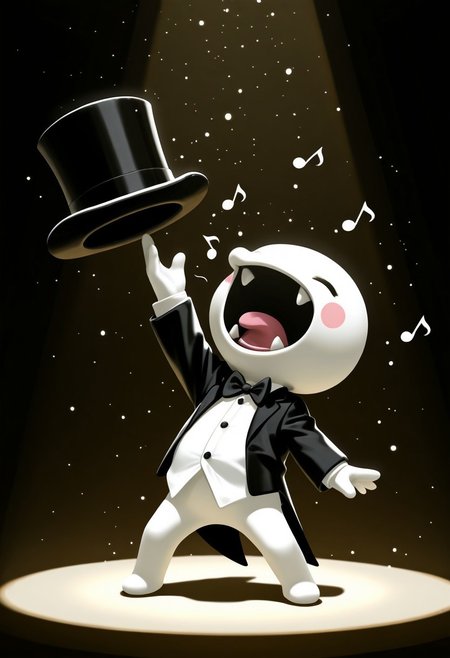 ch0rus_RH, 1boy, solo, no nose, white skin, closed eyes, fangs, tongue, open mouth, head back, singing, masterpiece, absurdres, amazing quality, ultra-detailed, photorealistic, best quality, miniperson, short, no humans, chibi, black bowtie, tuxedo, black tailcoat, white shirt, collared shirt, holding hat, black top hat, full body, blush stickers, outstretched arm, leaning back, bottomless, no penis, legs apart slightly chubby, musical note, from above, 
BREAK 
dark room, stage, spotlight, light particles, detailed shading, dynamic pose,