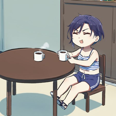 masterpiece, best quality, absurdres, incredibly absurdres, 1girl, solo, Furuhashi Suzuna, xinzoruo, chibi, full body, sitting, on chair, table, holding coffee mug, drink, closed eyes, v-shaped eyebrows, suzuna's striped camisole, midriff, suzuna's swim trunks, indoors, <lora:XinzoruoStyle2_AnimagineXLv3:1>, <lora:suzuna-anxl31-000084:0.5>,