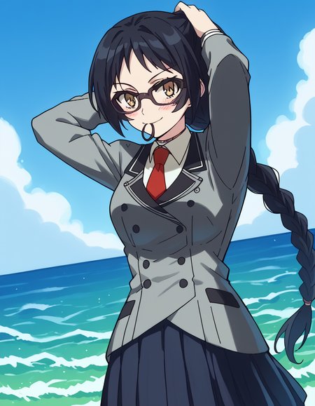 score_9, score_8_up, score_7_up, source_anime, <lora:ayame-kajou-s1-ponyxl-lora-nochekaiser:1>, ayame kajou, long hair, black hair, brown eyes, yellow eyes, medium breasts,, glasses, braid, braided ponytail, skirt, school uniform, pleated skirt, necktie, black skirt, red necktie, grey blazer, long sleeves,, ocean, waves, saltwater, fish, vast, smile, <lora:hair-tie-in-mouth-ponyxl-lora-nochekaiser:1>, hair tie in mouth, hair tie, mouth hold, rubber band, blush, tying hair, adjusting hair, hands in hair, arms up, arms behind head, ponytail, hand in own hair, hair lift, cowboy shot, looking at viewer, looking at viewer, solo,, dutch angle, cowboy shot