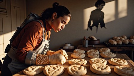 {"T5": ",A highly detailed photograph of a Rebel starfighter pilot from Star Wars with a withdrawn expression, baking bread in a rustic kitchen. The oven is powered by captured sunlight, with dough rising to form intricate landscapes. The pilot wears oven mitts sewn from phoenix feathers, and shadows on the wall behind create a silhouette depicting the history of bread-making. The scene is bathed in warm, natural lighting, with a low viewing angle emphasizing the textures of the golden bread, the phoenix feather mitts, and the pilot's modest, ankle-length clothing. The composition follows the rule of thirds, with detailed skin, hair, and facial features evident.,", "CLIP-L": ",Rebel starfighter pilot, withdrawn expression, baking bread, oven powered by sunlight, dough landscapes, phoenix feather oven mitts, shadows on wall, bread-making history, highly detailed, rustic kitchen, warm natural lighting, golden bread, detailed textures, modest clothing, unique composition, rule of thirds, low viewing angle,"}
<lora:Rebel_Starfighter_Pilot_-_Star_Wars_Flux:0.85>