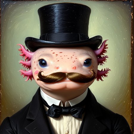 axolotl, painting, masterpiece, top hat, ((mustache)), fancy, facial hair, embedding:OverallDetail-SDXL,<lora:Axolotl_SDXL_epoch_14.safetensors:1.0:1.0>