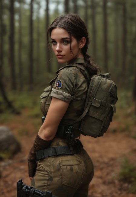 safe_pos, masterpiece,best quality, highly detailed, score_9, score_8_up, score_7_up, score_6_up, score_5_up, score_4_up, Expressiveh, 
Soldier Ranger in a Sci-Fi Wasteland, extreme photorealistic of a beautiful female character equipped with a cyber-enhanced camo outfit featuring some mechanical augmentations on her limbs. The bottom and waist of the camo outfit hide a lot of her skin. She has wide hips and a natural butt and thick thighs. She has a futuristic hood and a heavy-duty backpack with various survival tools. The scene is set in a sci-fi wasteland, with ruins of an old civilization and ancient forest in the background.
(((full clothed)))
(((((upper body))))), dynamic pose
 <lora:Dynamic Poses:1>
 <lora:detailed_notrigger:1>
(((full clothed)))