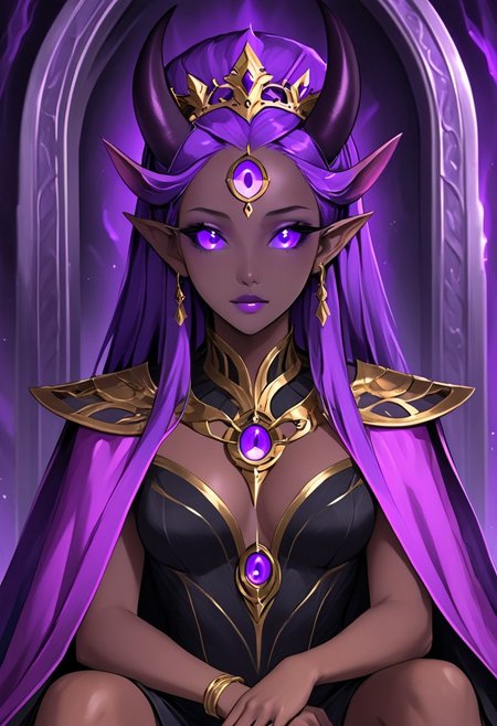 te'kharoth, third eye, tail, horns, violet eyes, 1girl, solo, upper body, regal, queen, crown, sitting, throne,  colored skin, dark skinned female, silk dress, capelet, illuminated, mystical aura, expressive eyes, cinematic, masterpiece,