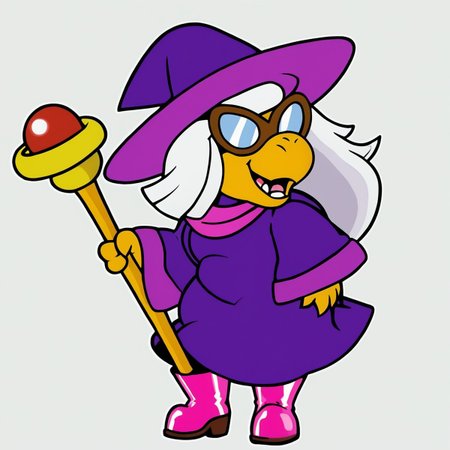 female,
<cartoon:1.5>,
<2d:1.5>,
kammy_koopa, granny_koopa, transparent background, solo, hat, witch hat,purple hat, purple robe, purple headwear, full body, white hair,  witch hat, holding, 1girl, wide sleeves, staff,boots,
<lora:Kammy_Koopa_Paper_Mario_Pony_SDXL:1> kammy_koopa <lora:90s4n1m3XLP:1> 90s4n1m3, happy,
smile,
teeth,
tongue