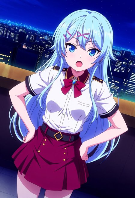 general,highres, ultra-detailed,very aesthetic,best quality ,best hands,best eyes,easynegative,
dynamic angle, dutch angle, anime cloring,anime screencap,
1girl solo,looking at viewer,city,night,open mouth, standing, hands on hip,
 Velbrinski LIZERAESHKA MIKIMOTO,light blue hair, very_long_hair, blue_eyes, small breasts, short body, petite, hairclips,white shirt, red skirt,