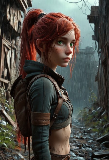 score_9, score_8_up, score_7_up,  1woman,  Masterpiece, 4k, ultra high detail, 21yo, small_breast_size, long red ponytail hair, fcNeg, stunning green eyes, freckles, white skin, small nose, innocent beauty, slim cute face,  skinny body, red hair, 
Alerted look, dry tears, dirty clothes, dirty face, 
 particles, lightbrown_full_body_wild_leather_suit, 
Dark sky with stormclouds, ash, raining Ash like dark snow, ruins, wasteland, cityruins, tribal_native_clothes,
End of the World, 
negative_hand, NightScapes, ng_deepnegative_v1_75t,
