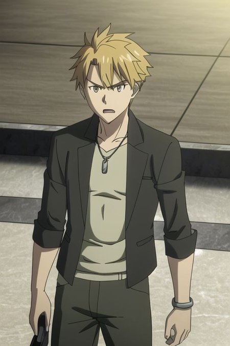 photorealistic, (4k), extremely detailed, hyper detailed, high resolution, professional photography, best quality, ((1boy)), solo, ((male focus)), easynegative, males, Yamato Ishida, (jacket), sixpack, candid photo, angry, anime, necklace, bracelet, muscular