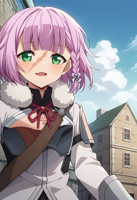 score_9, score_8, score_7, source_anime, rcleonica, 1girl, solo, braid, scar, cross hair ornament, skin fang, outdoors, sword, anime coloring, sky, indoors, ribbon, cloud, holding weapon, neck ribbon