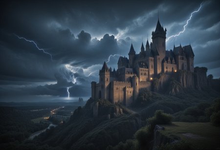 Stable_Yogis_PDXL_Positives, masterpiece,best quality,amazing quality,very aesthetic,high resolution,ultra-detailed,absurdres,newest, outdoors, mw01out, mwl01, castle, castle on the edge of a cliff, white walls, purple turrets, nighttime, night, stars, moonlight, thunderstorm in the distance, thunderclouds, overlooking a distant valley