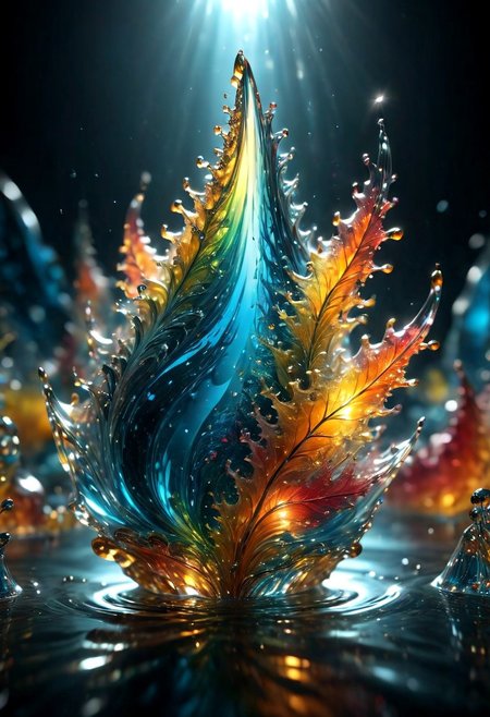 An abstract shape, amazingly fluid, made of glass, detailed, 3d fractals, light particles, water drops, shimmering light, surreal, ink, smooth, shimmering, glow, cinematice contrast, Glow, 16k, crystal clear, colorful,