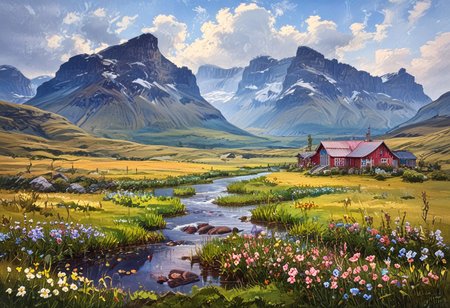 Icelandic landscape scene, steep mountain valley, lush green fields, small lumbermill, simon stalenhag, storm, dark clouds, windswept, stormy weather, complementary colors, ((Highest quality:1.0),(High resolution:1.0), (masterpiece:1.0), (ground level view:0.6, viewer looking up:0.6), beautiful and aesthetic:1.3), extreme detailed, colorful, highest detailed,((ultra-detailed)),(highly detailed CG illustration),,