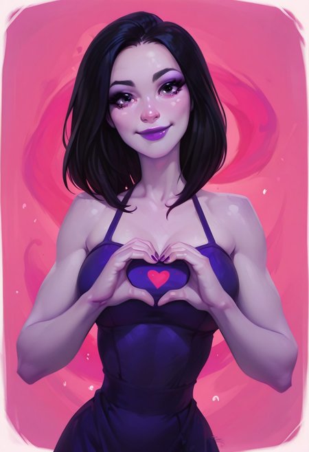 evulchibi,  1girl, solo, medium build, medium hair, sfw, safe for work, covered skin, flowy dress,  black eyes, purple lipgloss, smiling, portrait, upper body, heart hands, foreshortening, detailed, newest,