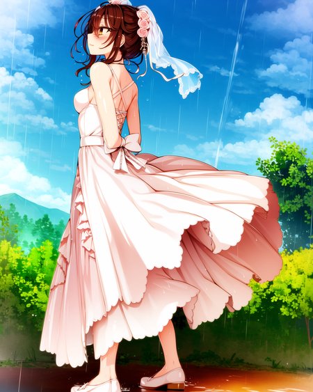1girl, roki_hirokix style, wedding dress, raining, soaked dress, from side, looking up, looking away, full body, arms at sides, solo