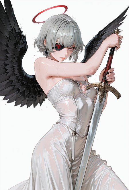 very aesthetic, high resolution, high quality, amazing quality, detailed, masterpiece, absurdres, score_9, score_8_up, score_7_up,  <lora:aaaaaatest\v2.5-000010:0.8> 328145878style /style/, 1girl, mature Female, angel, short hair, grey hair, small breast, small chest, she only have one wing, small black wing, black nail, red halo, holding medieval sword, eyepatch, looking at viewer, action pose,