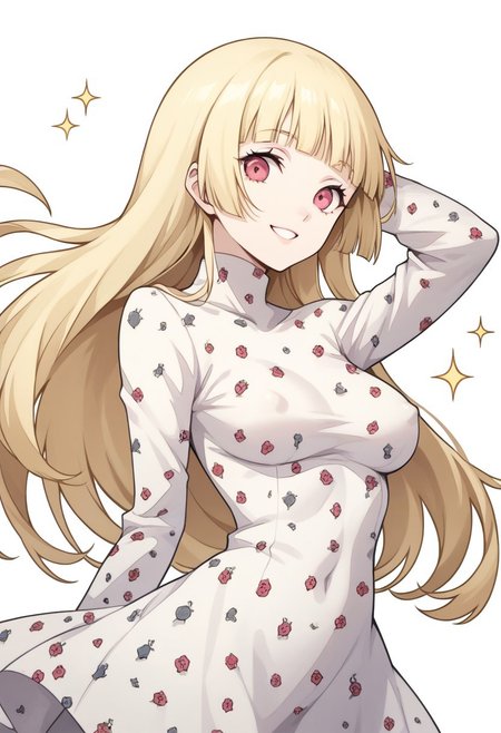 score_9, score_8_up, score_7_up, score_6_up,1girl, pink eyes,. watercolor,  pose, blonde hair, straight hair, long hair, blunt bangs ,medium_breasts, covered nipples, patterned dress, sparkles, smile, p3reloadportraits, portrait, white background, fashion, cute, face focus
