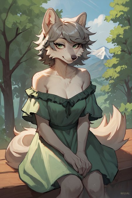 score_9, score_8_up, score_7_up, female, furry, solo, wolf, grey fur, freckles, short grey hair, swept bangs, green eyes, frilled green dress, off shoulder, looking at viewer, bedroom eyes, breasts, trees, mountain,  <lora:by_randitawu-v2s400:1>