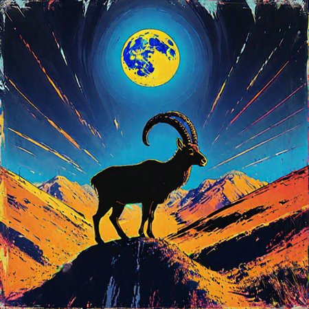 1 walia ibex standing on top of a cliff under 1 while moon, black silhouette against while moon, black cliff, dark blue sky,
