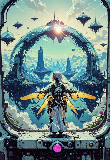 1girl, from behind, silver hair, long single braid,  floating hair, mechanical body parts, golden mechanical wings, full body, solo focus, focused subject, standing on sky bridge, in the sky, sky city, floating island, futuristic architecture,  glass dome, bright sunlight, lens flares, dreamy atmosphere, scenery, space ships, plants, lush nature, no humans, no ground, cyberpunk, science fiction, high fantasy, aerial view, depth of field, perspective, anime screencap,  painterly, ray tracing,cinematic lighting, no line art, no outline, photo (medium), film grain, fine art, masterpiece, best quality, good quality, very awa, very aesthetic, absurdres, newest, in the style of cksc,in the style of cknc