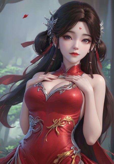 looking_at_viewer,cowboy_shot,(hands_on_own_chest:1.4),1girl,solo,dress,(face light:1.5),hair ornament,portiart,from front,masterpiece,(best quality),official art,extremely detailed cg 8k wallpaper,((crystalstexture skin)),(extremely delicate and beautiful),solo,photo_\(medium\),hiqcgbody,chinese background,(smile:0.4),forehead_mark,red cheongsam,eye-contact,jewelry,long hair,<lora:huolinger_V2-000008:1>,