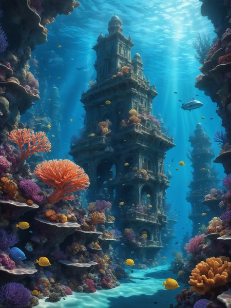 lifelike digital illustration of a surreal underwater city, glowing coral reefs, fantastical marine life, detailed textures, vibrant and rich colors, accurate lighting and shadows, 8k resolution, glossy and smooth surfaces, intricate details, perfect lighting
